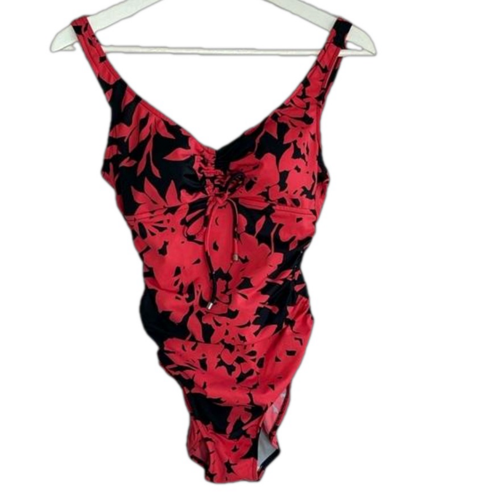 Aqua Green Tropical Black Coral Ruched One Piece Beach Swimsuit Small 4/6